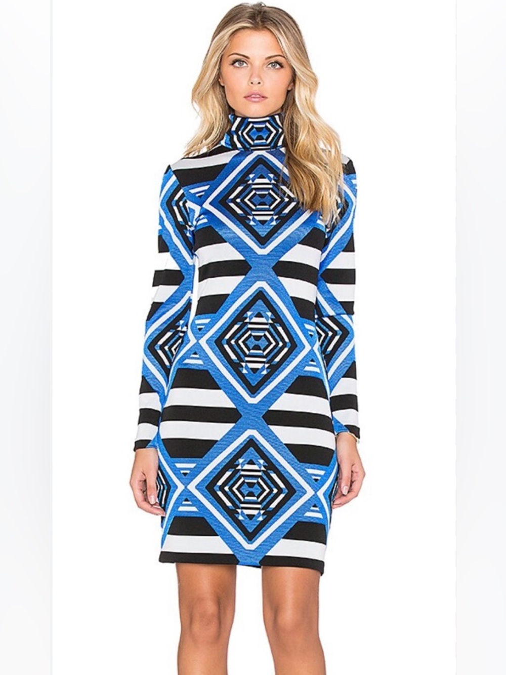Mara Hoffman Blue&Black Geometric Turtleneck Long Sleeve Dress seen on X Factor